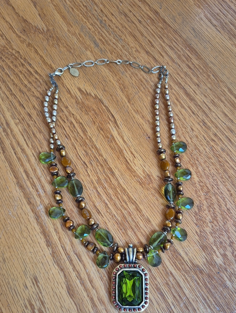 Green Crystal Pendant Necklace with Gold-Tone Beads By MICHAL GOLAN
